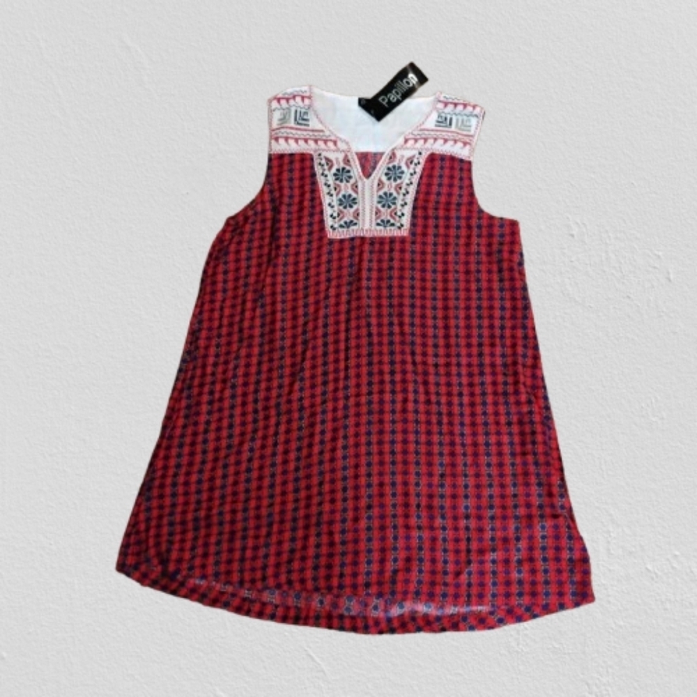 Papillon Split Neck Sleeveless Embroidery Yoke Geometric Print‎ Dress Red Nwt M.